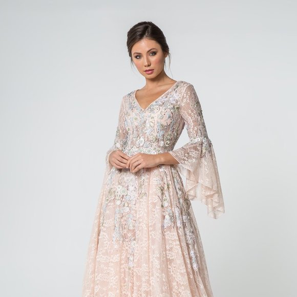 NEW LONG A-LINE FORMAL DRESS WITH TRUMPET SLEEVES EMBROIDERED WITH LACE GL1592 - Picture 3 of 12